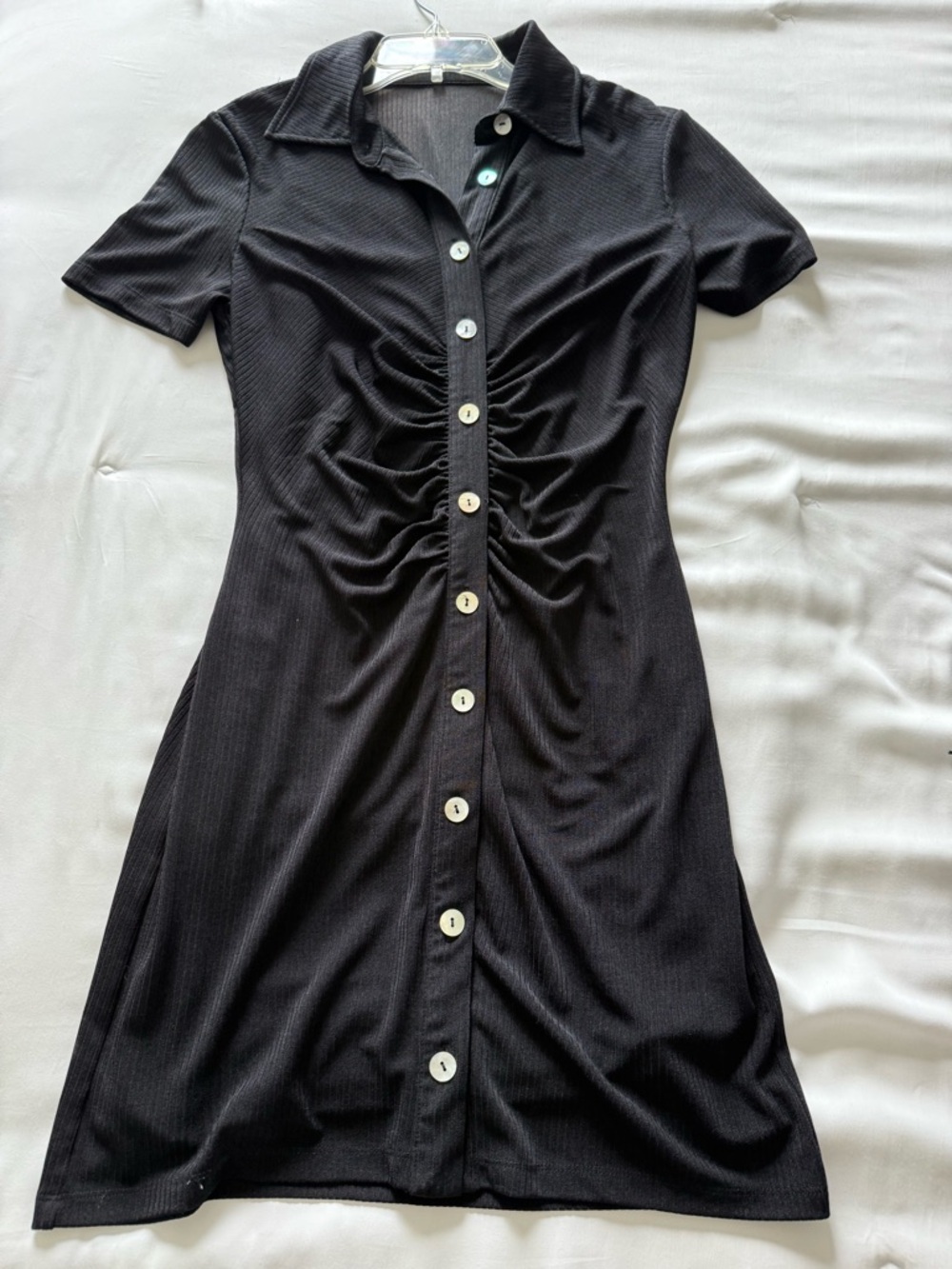 Wayf Black Ruched Button-Front Polo Mini Dress